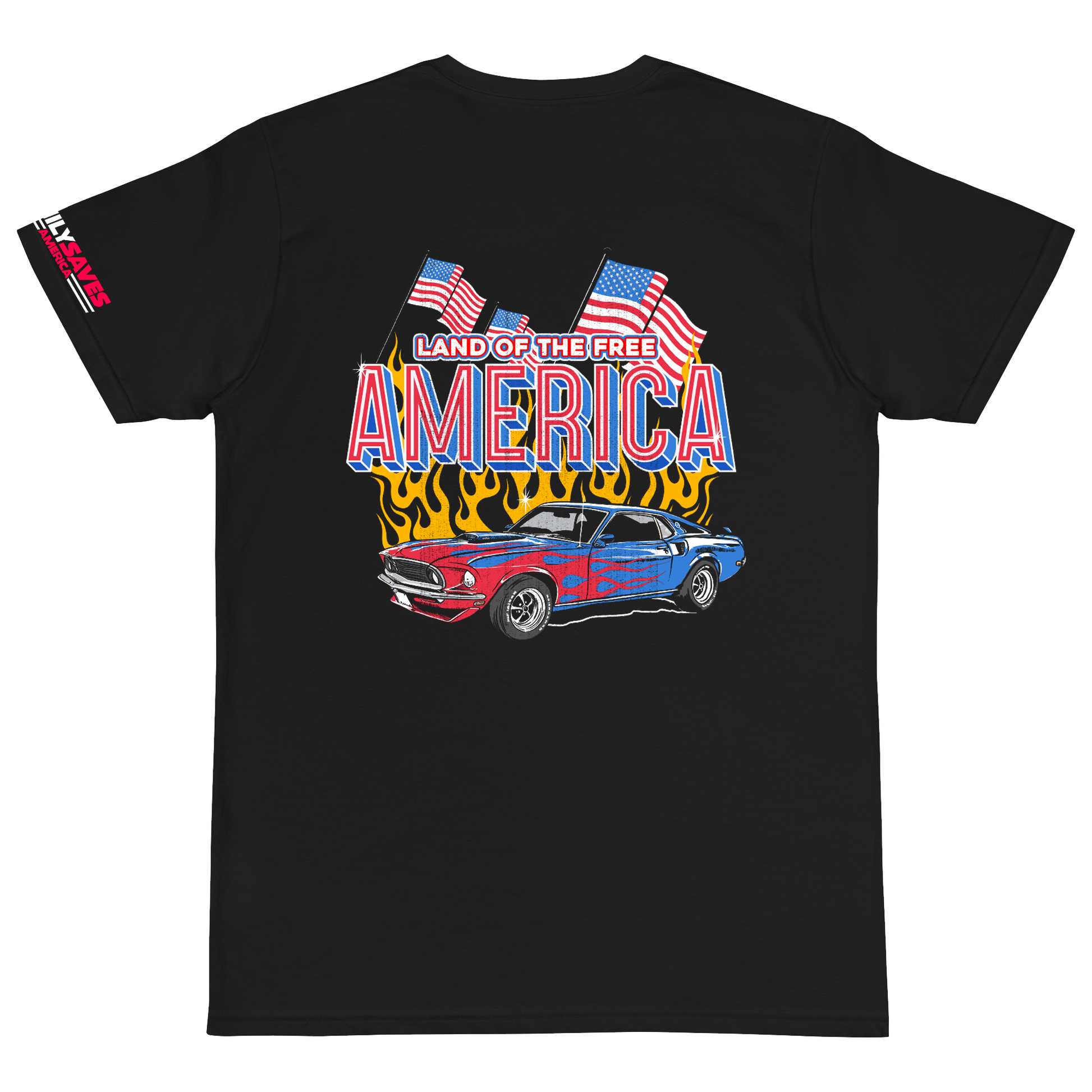 Land Of The Free Muscle Car | Black T-Shirt | Emily Saves America