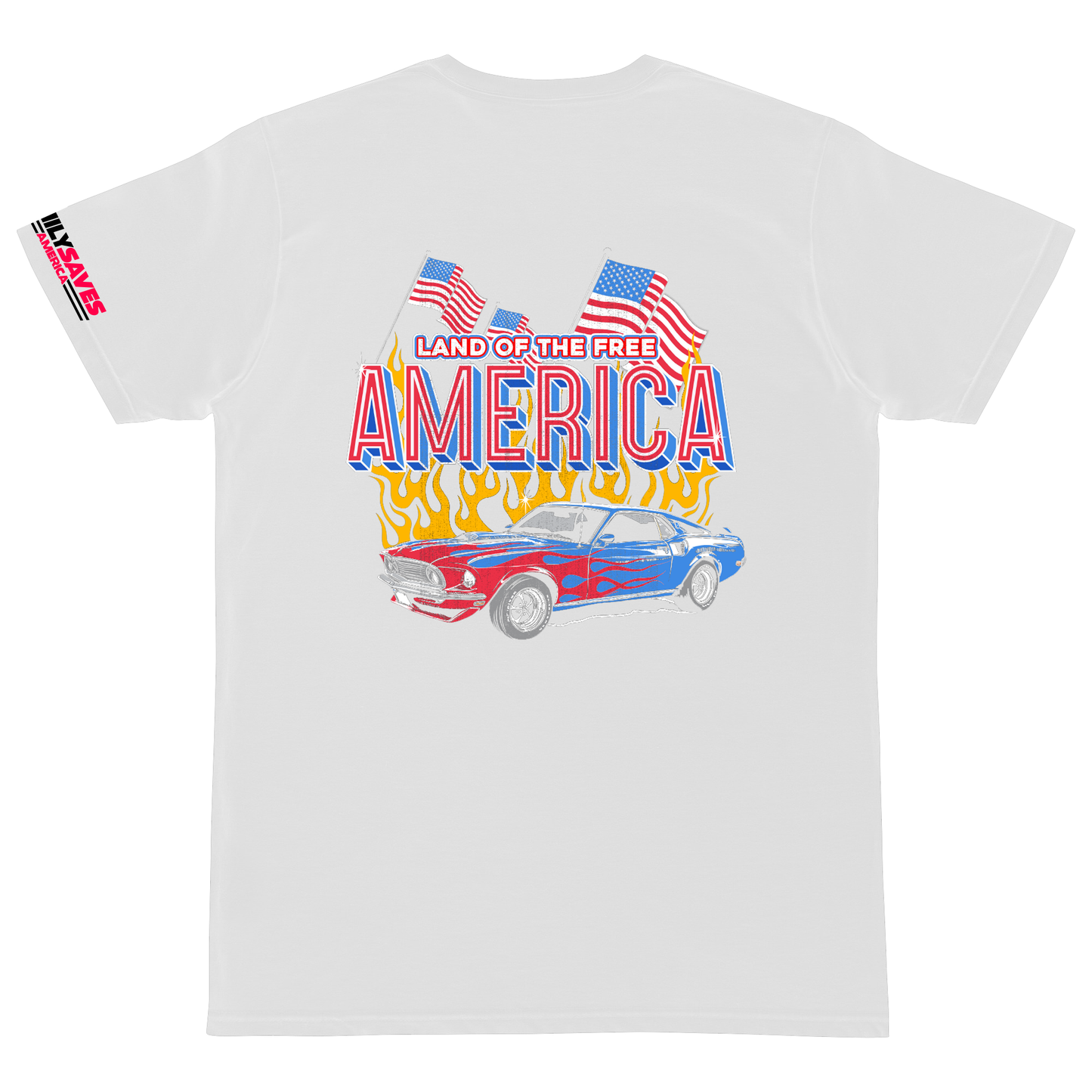 Land of the free with muscle car white t shirt