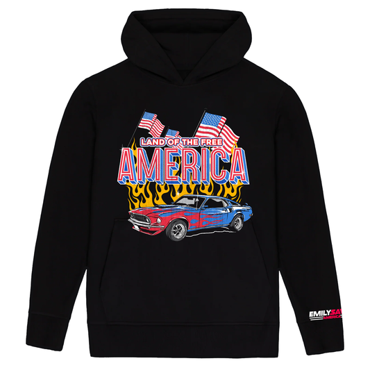 Land of the free with muscle car black hoodie
