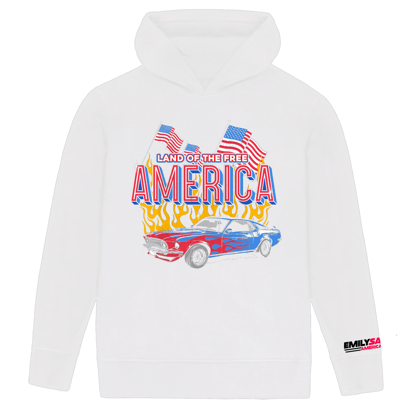 Land of the free with muscle car white hoodie