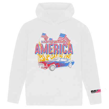 Land of the free with muscle car white hoodie