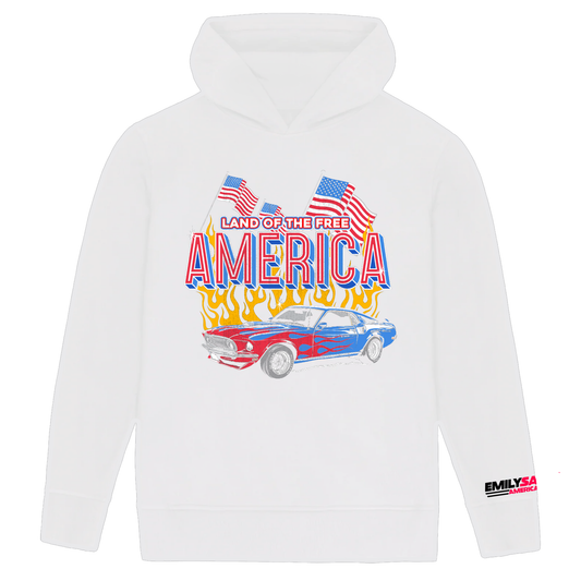 Land of the free with muscle car white hoodie